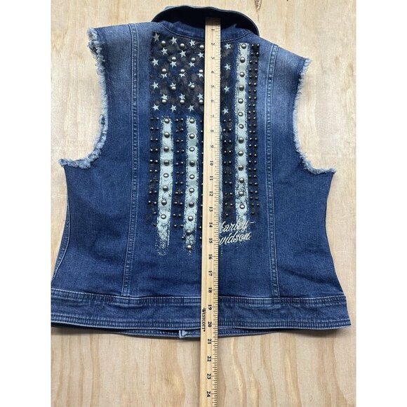Harley-Davidson Women’s Sz M Flag Studded Distressed Denim Vest Moto Biker - Picture 4 of 6